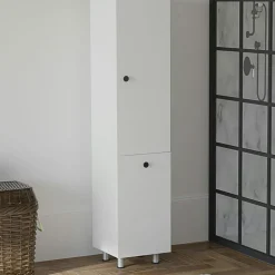 Colonne salle de bains effet noyer, porte & panier linge MARFA