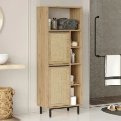 Colonne salle de bains effet bois clair 2 portes cannage JENA