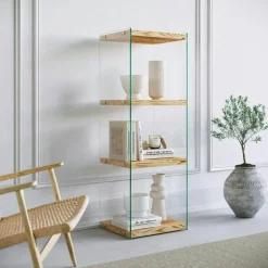 Colonne vitrine design - bois clair, 4 plateaux LHASA