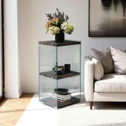 Colonne vitrine design - bois gris foncé, 3 plateaux LHASA