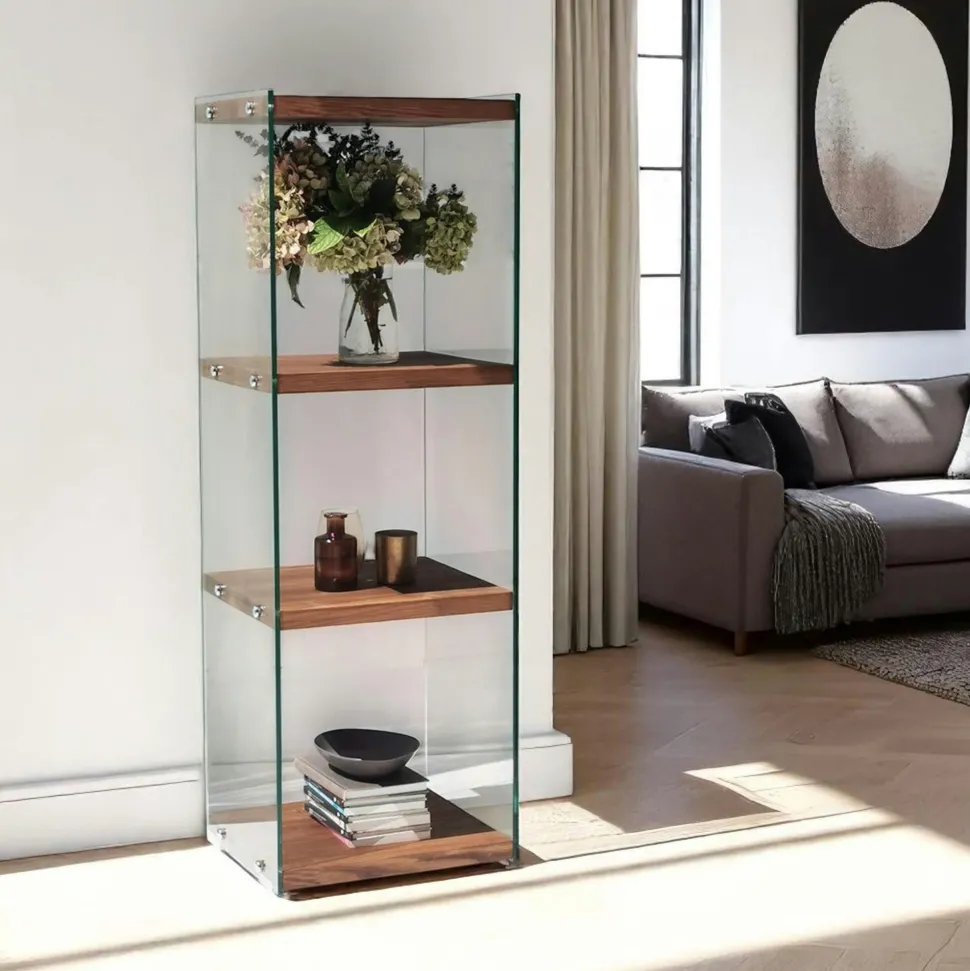 Colonne vitrine design - bois marron, 4 plateaux LHASA