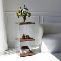 Colonne vitrine design - bois marron, 3 plateaux LHASA