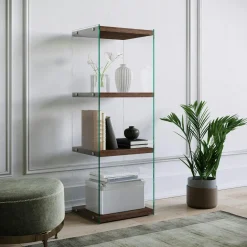 Colonne vitrine design - bois brun, 4 plateaux LHASA