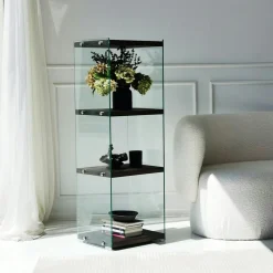 Colonne vitrine design - bois gris foncé, 4 plateaux LHASA