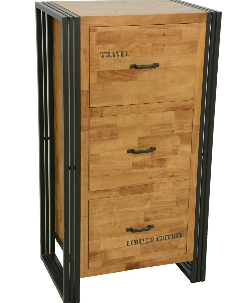 Commode / Chiffonnier hévéa recyclé naturel et métal noirci 3 tiroirs 60X40X110cm DOCKER