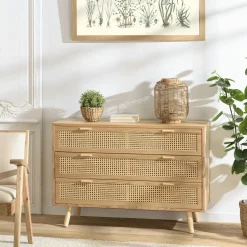 Commode 3 tiroirs bois clair et cannage ALGA