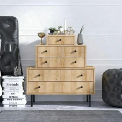 Commode 5 tiroirs effet bois, design en pyramide JENA