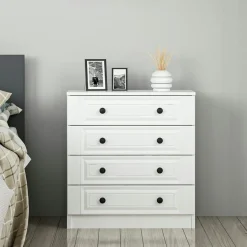 Commode blanche classique 4 tiroirs, boutons noirs MARFA