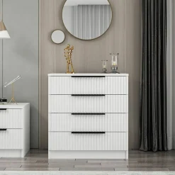 Commode blanche moderne 4 tiroirs, façade rainurée BYRON