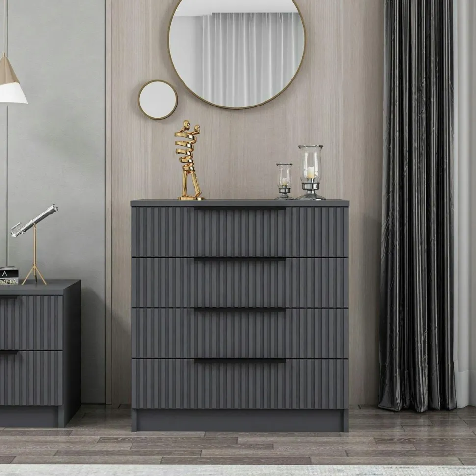 Commode blanche moderne 4 tiroirs, façade rainurée BYRON