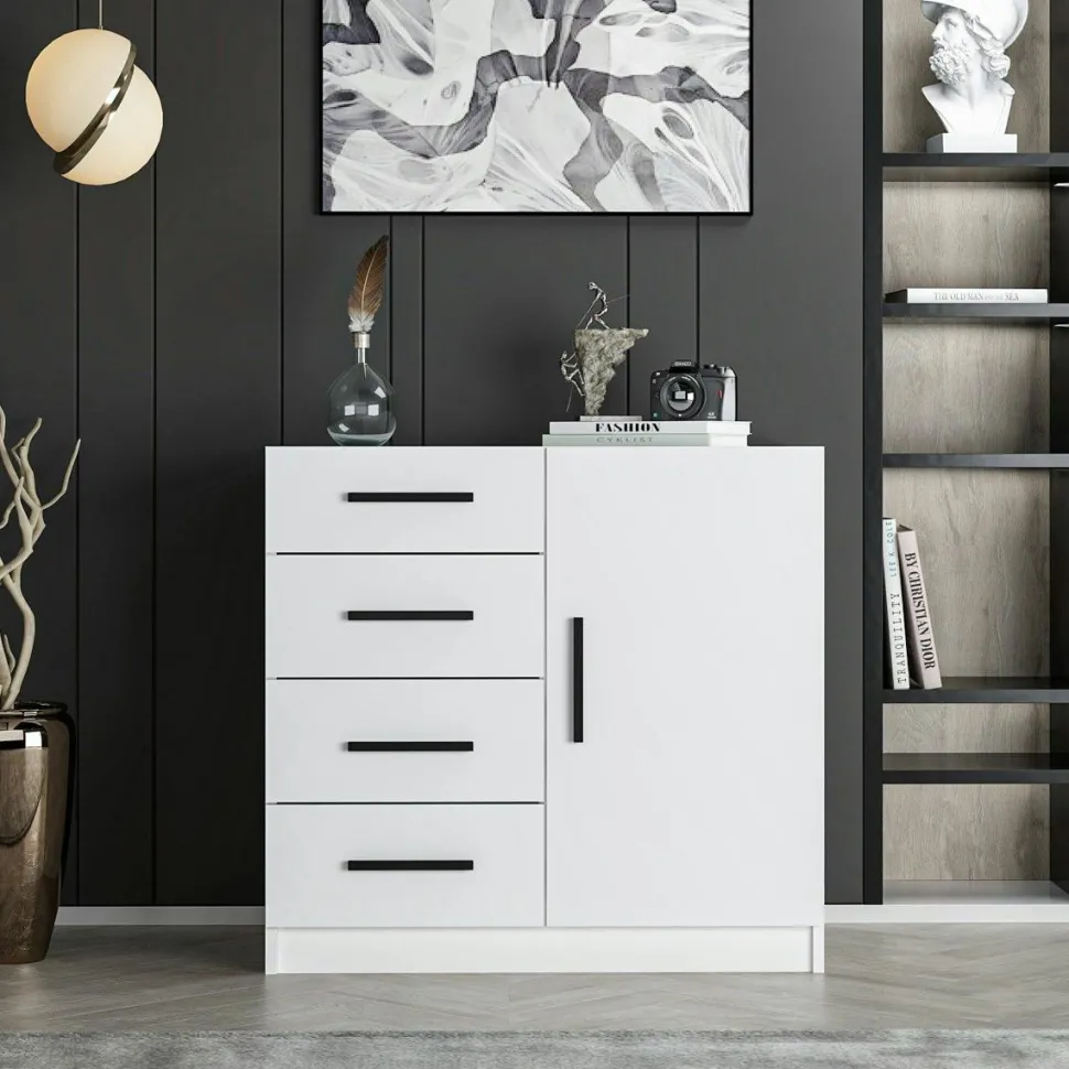 Commode blanche moderne 4 tiroirs rangement 1 porte MARFA