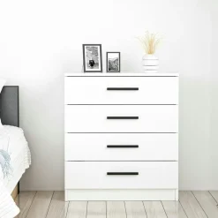 Commode blanche moderne 4 tiroirs, poignées noires MARFA