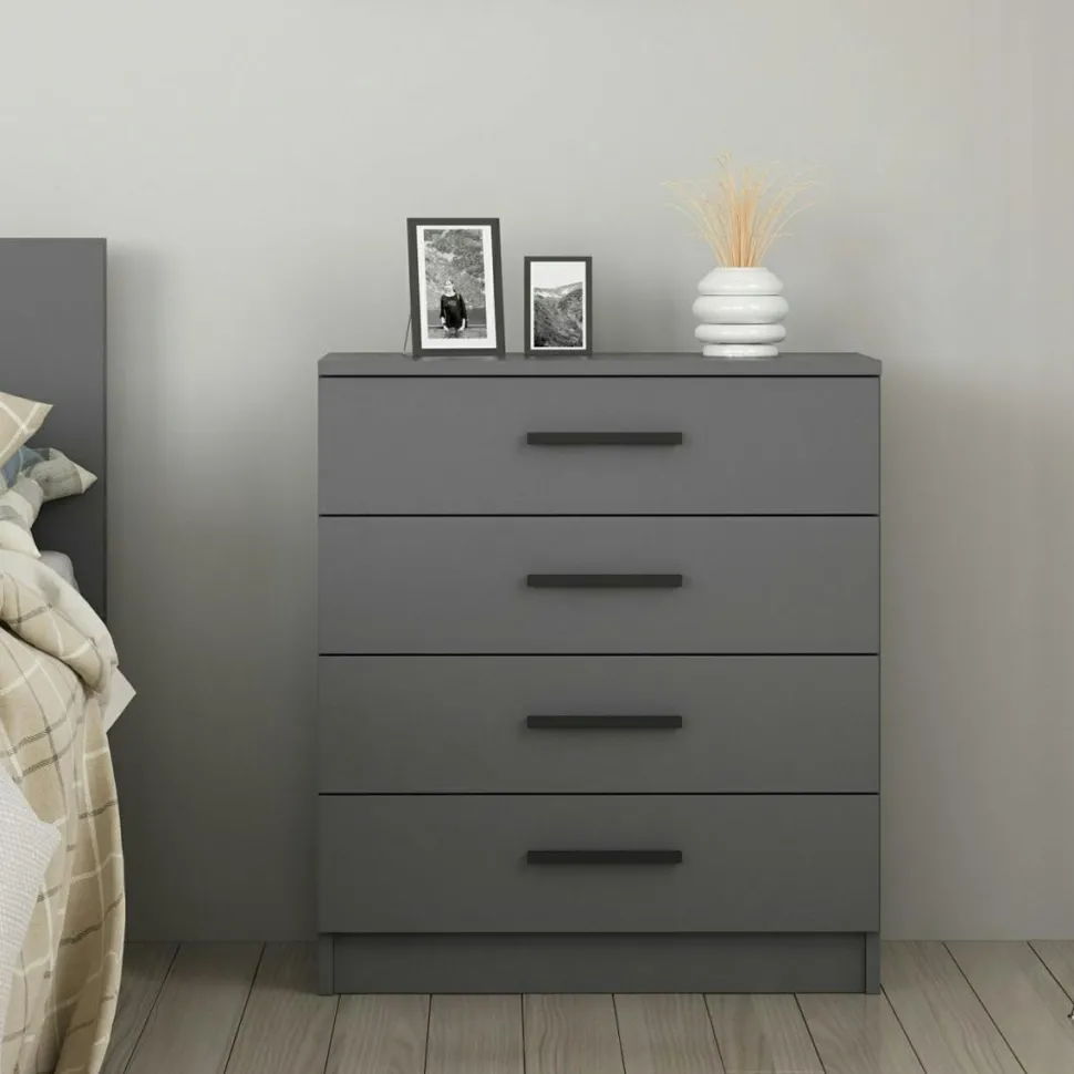 Commode blanche moderne 4 tiroirs, poignées noires MARFA