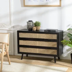 Commode bois noir et rotin 3 tiroirs PALMA 2