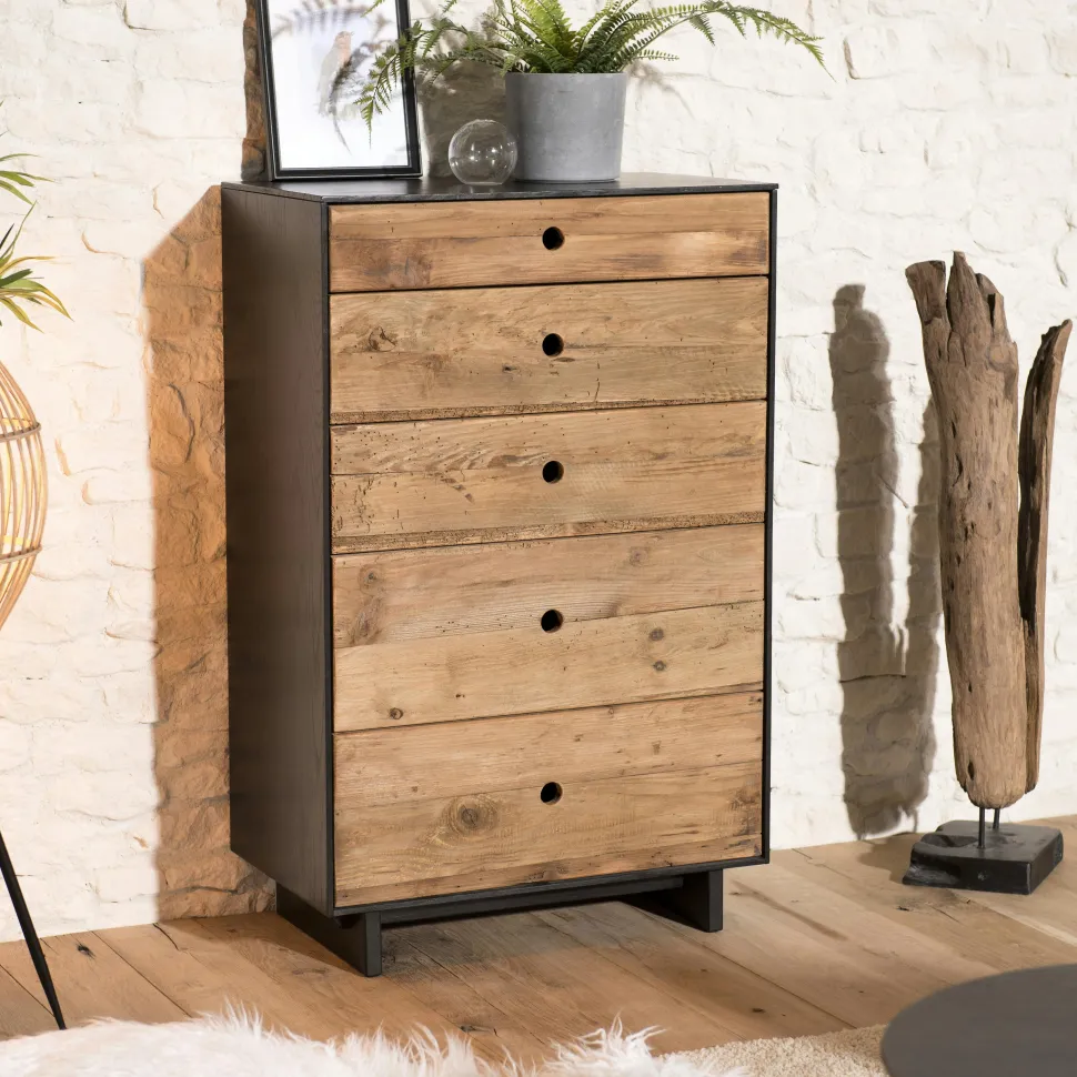 Commode bois noir et rotin 3 tiroirs PALMA 2