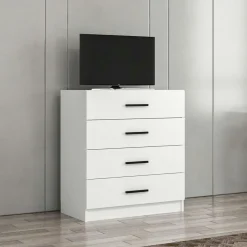 Commode chambre blanche 4 tiroirs, poignées baguettes MARFA
