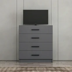 Commode de chambre grise 4 tiroirs, poignées baguettes MARFA