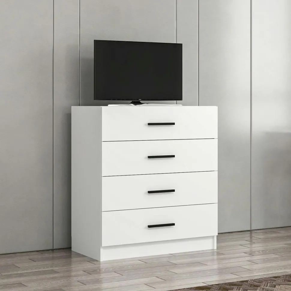 Commode de chambre grise 4 tiroirs, poignées baguettes MARFA