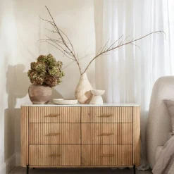 Commode en bois de manguier et marbre 6 tiroirs MASSA