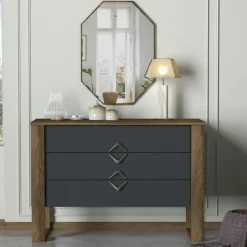 Commode grise moderne 3 tiroirs, miroir assorti MARFA