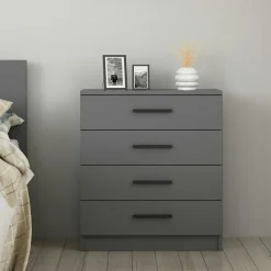 Commode grise moderne 4 tiroirs, poignées noires MARFA