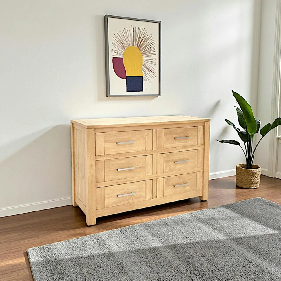 Commode moderne 6 tiroirs bois massif hévéa ATTAN