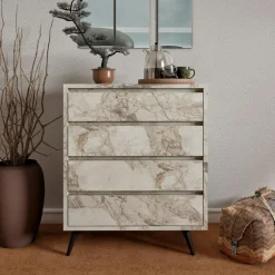 Commode moderne 4 tiroirs effet marbre, pieds noirs MARFA