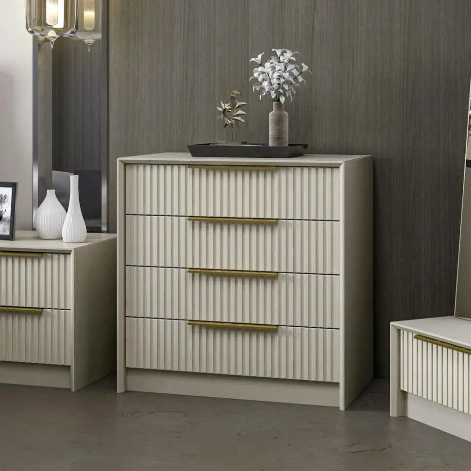 Commode moderne 4 tiroirs beige, façade rainurée BYRON