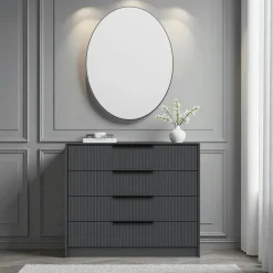 Commode moderne beige 4 tiroirs, miroir assorti BYRON
