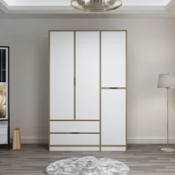 Commode moderne effet chêne 4 tiroirs blancs BYRON