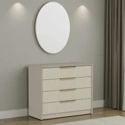 Commode moderne grise 4 tiroirs, miroir assorti BYRON