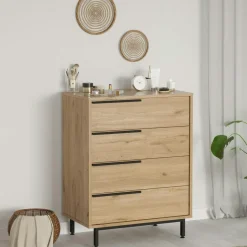 Commode rangement 4 tiroirs à détails noirs, effet bois JENA