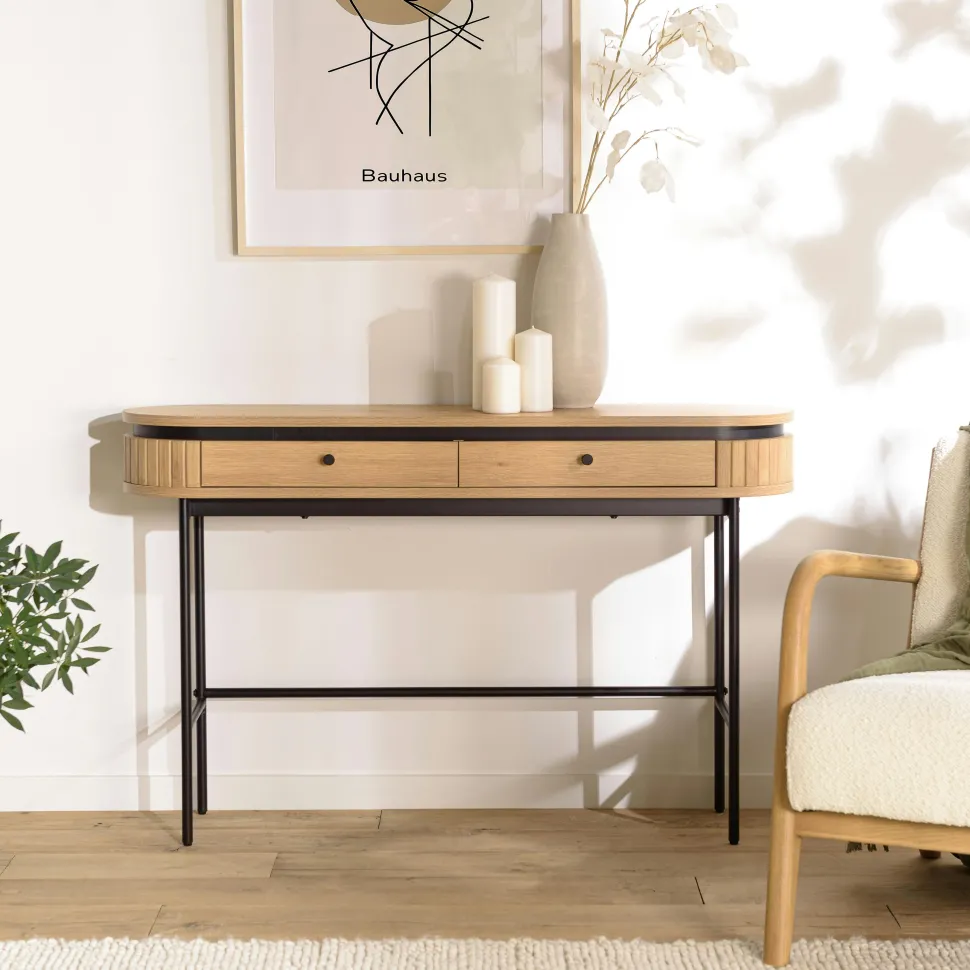Console 2 tiroirs bords arrondis décor strié JINAN