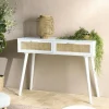Console blanche moderne 2 tiroirs cannage naturel CALVIA