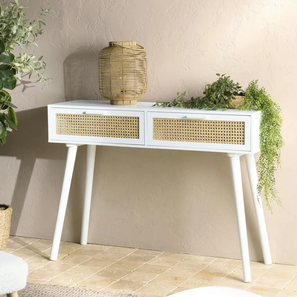 Console blanche moderne 2 tiroirs cannage naturel CALVIA