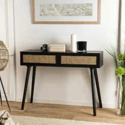 Console bois noir tiroirs cannage PALMA 2