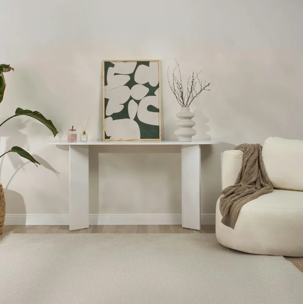 Console de salon noire ovale - pieds en V, effet bois MARFA