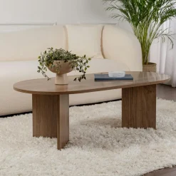 Console de salon ovale effet noyer clair - pieds en V MARFA