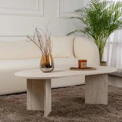 Console de salon ovale effet travertin - pieds en V MARFA