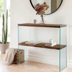 Console d'entrée minimaliste bois brun et verre LHASA