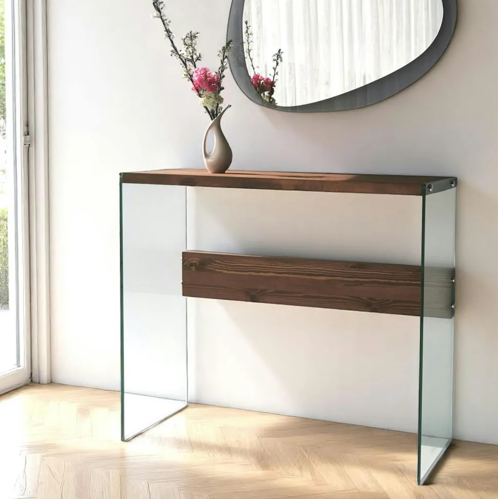 Console d'entrée minimaliste en verre et bois brun LHASA