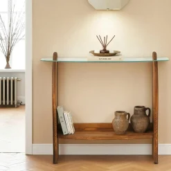 Console d'entrée vintage - bois brun, verre ANZIO