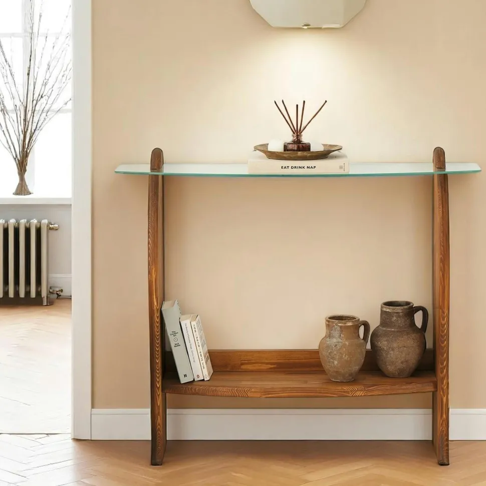 Console d'entrée vintage - bois brun, verre ANZIO