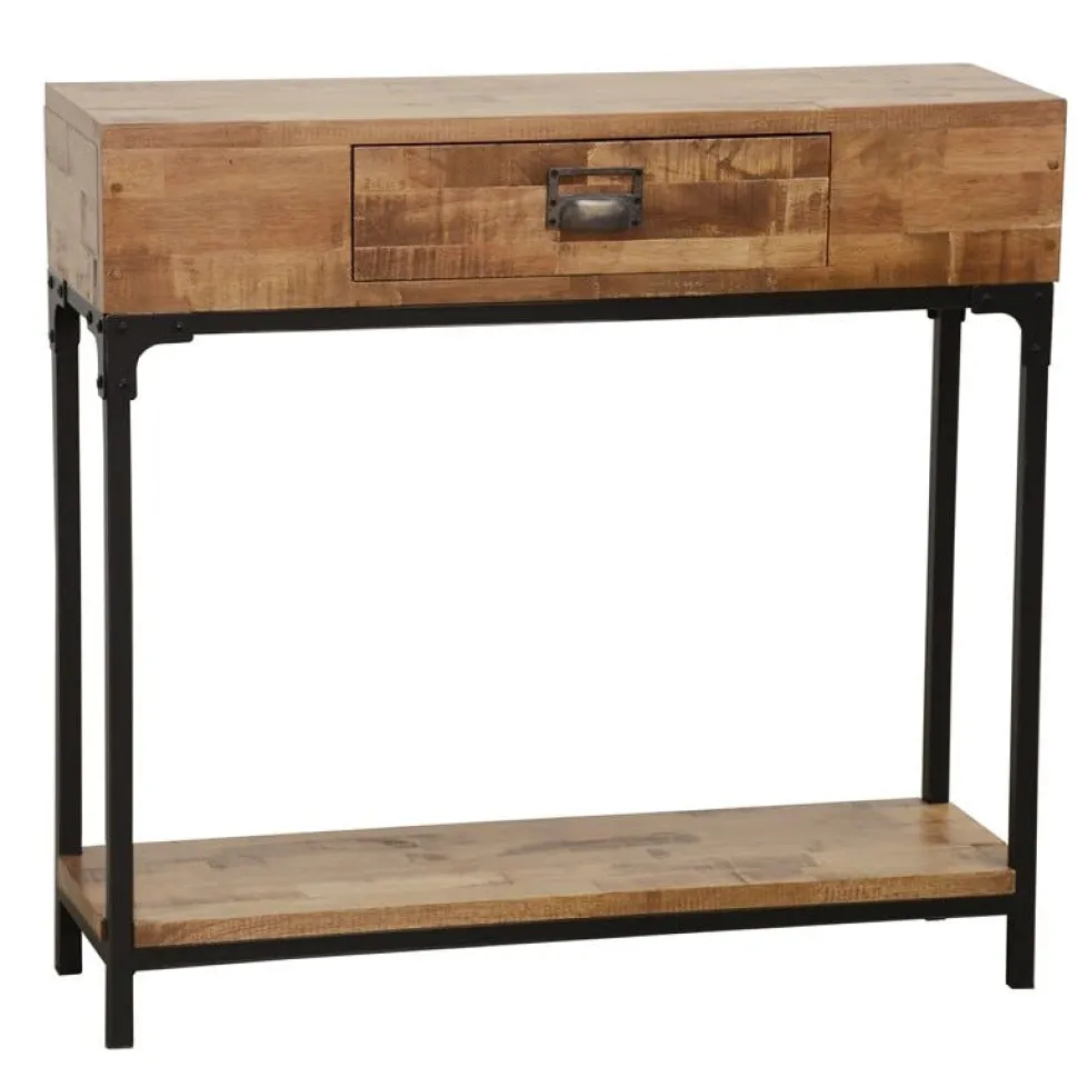 Console entrée rétro bois d'hévéa métal LOFT