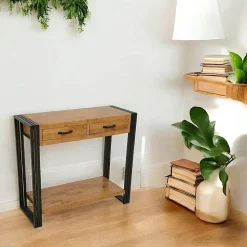 Console hévéa recyclé naturel et métal noirci 2 tiroirs 2 plateaux 90X35X80cm DOCKER
