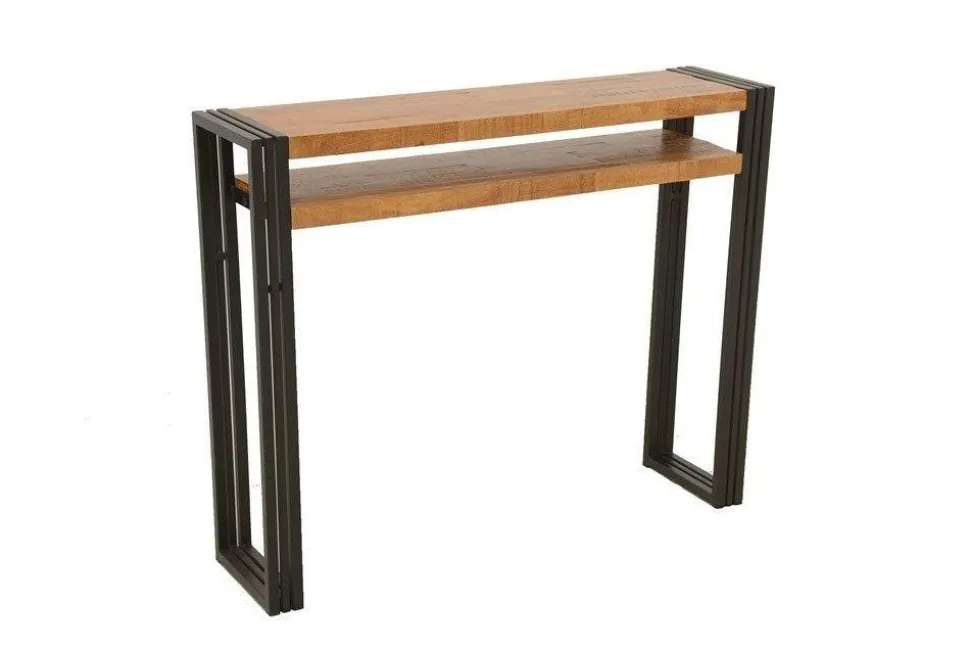 Console hévéa recyclé naturel et métal noirci 2 tiroirs 2 plateaux 90X35X80cm DOCKER