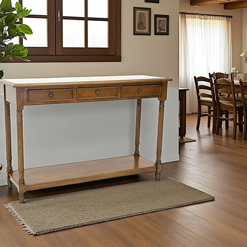 Console pieds tournés bois hévéa 3 tiroirs 120cm TRADITION
