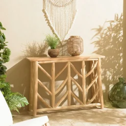 Console rondins de teck naturel piétement décoré MANAK