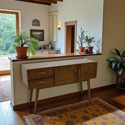 Console vintage bois hévéa 2 portes 2 tiroirs 130cm SIXTIES