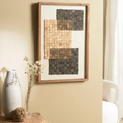 Décoration murale bois et tissu mosaïques beiges/noires 42 x 62 cm DENVER